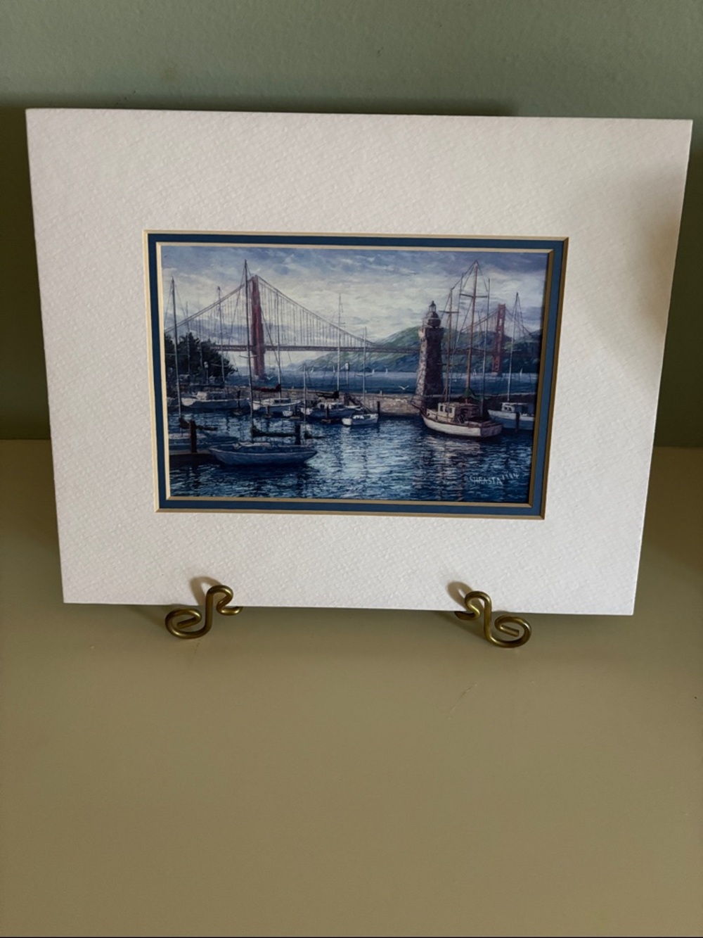 Anna Chrasta San Francisco Blue Harbor Sailboat 8” x 10”Art Print Double Matted